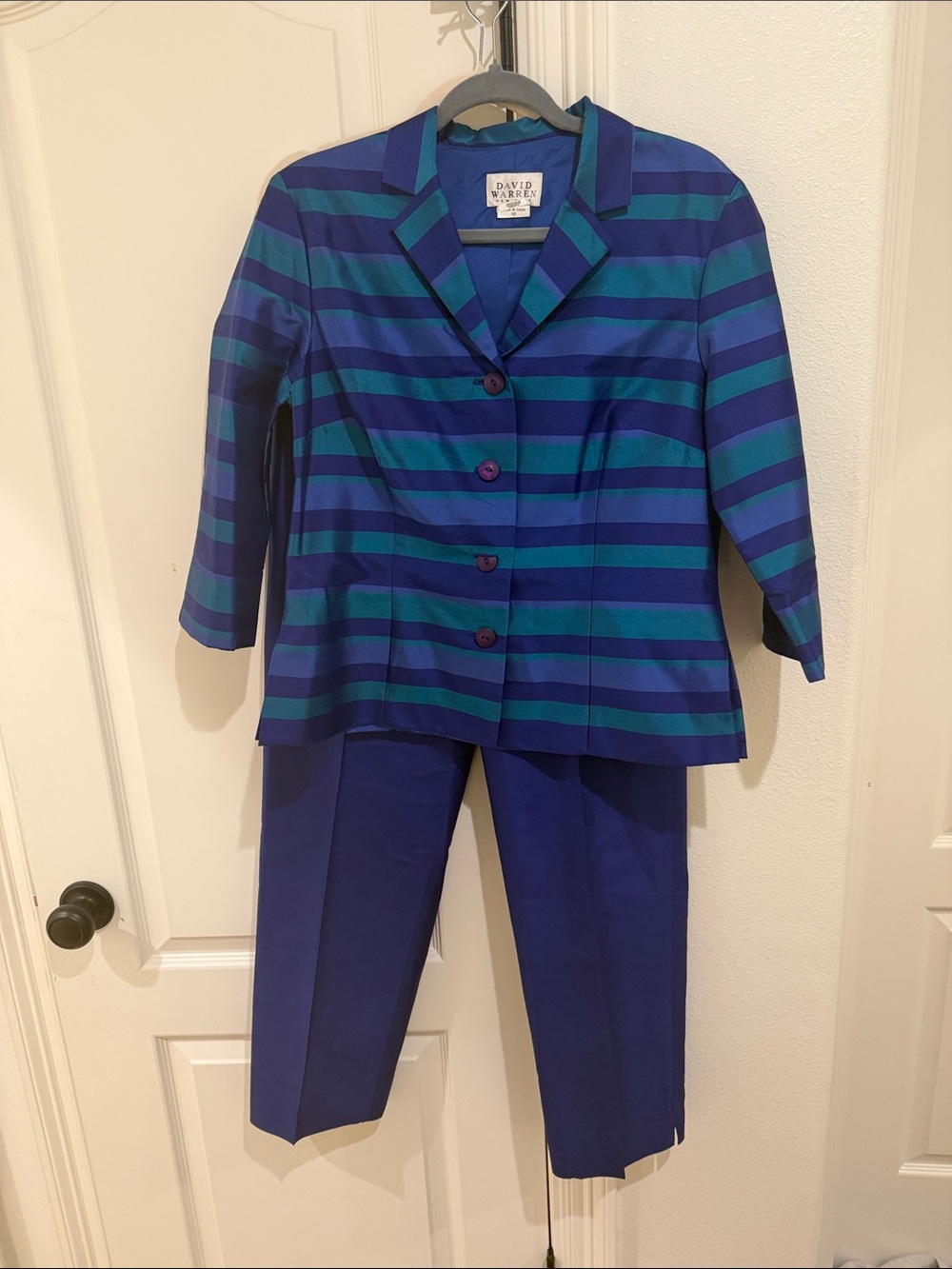David Warren 100% silk pants and blazer set blue stripes size 10